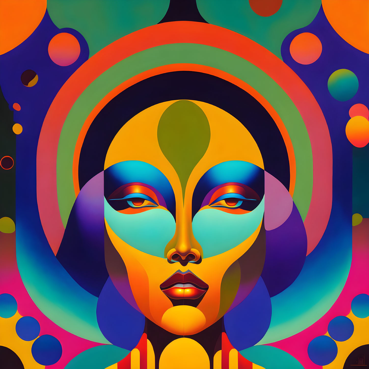 Vibrant Abstract Portrait with Symmetrical Face and Circular Patterns