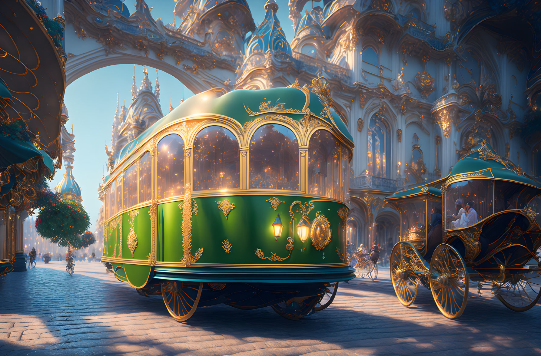 Green and Gold Carriage in Baroque Cityscape with Ornate Buildings