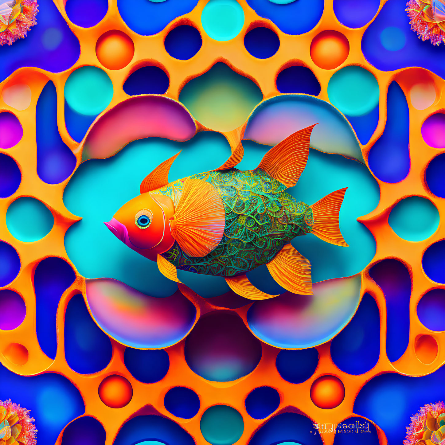 Colorful Stylized Fish Artwork with Abstract Circular Backdrop