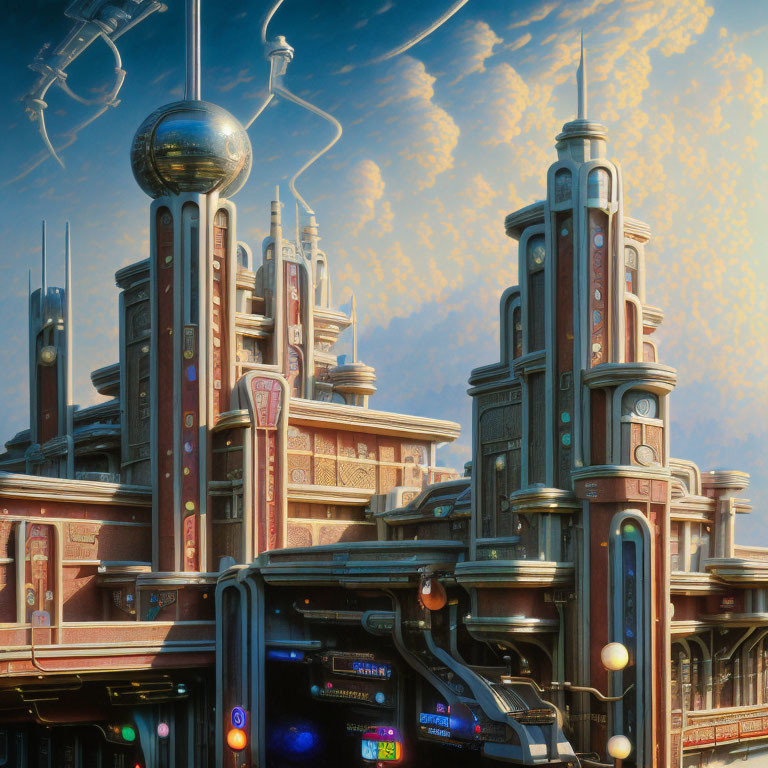 Futuristic sci-fi cityscape with ornate buildings and hovering sphere