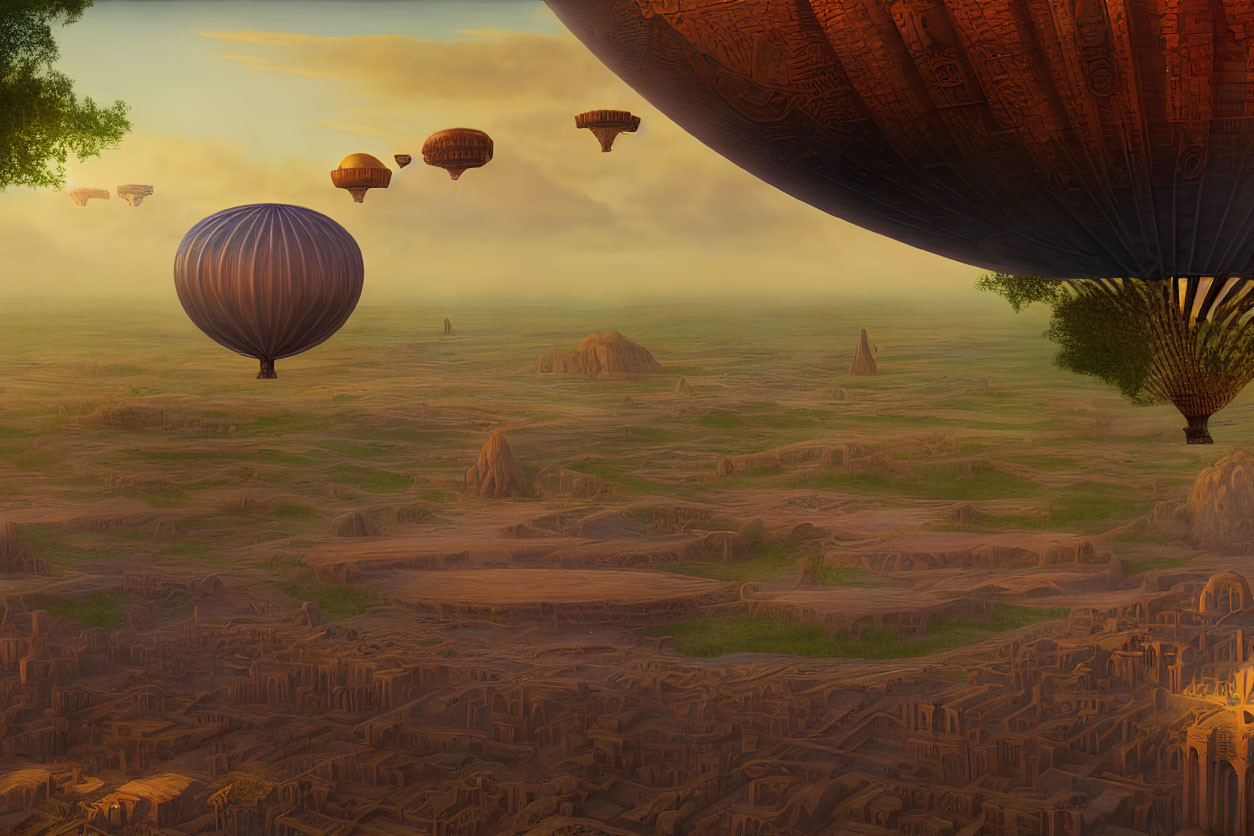 Fantasy landscape with hot air balloons over desert city at sunset