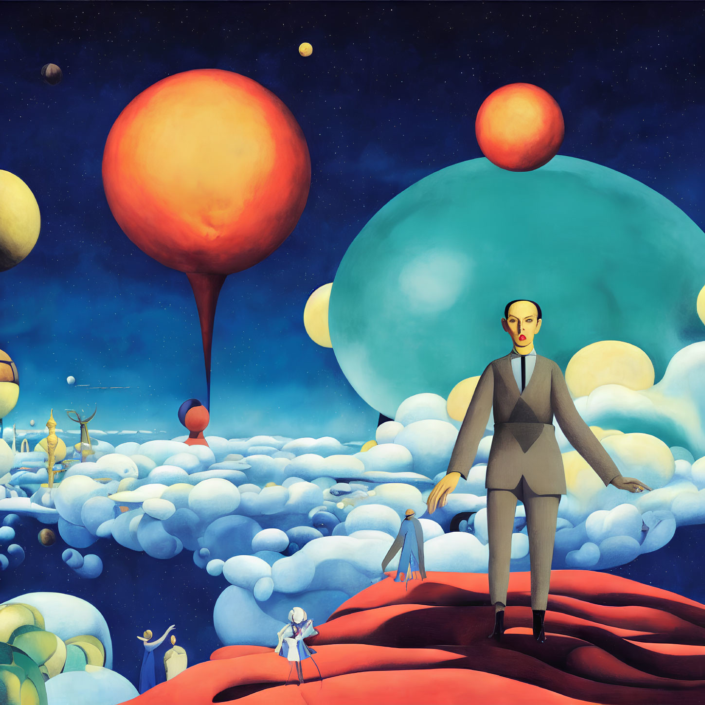 Surrealist landscape with oversized suit-clad figures on clouds and colorful planets in dream-like sky