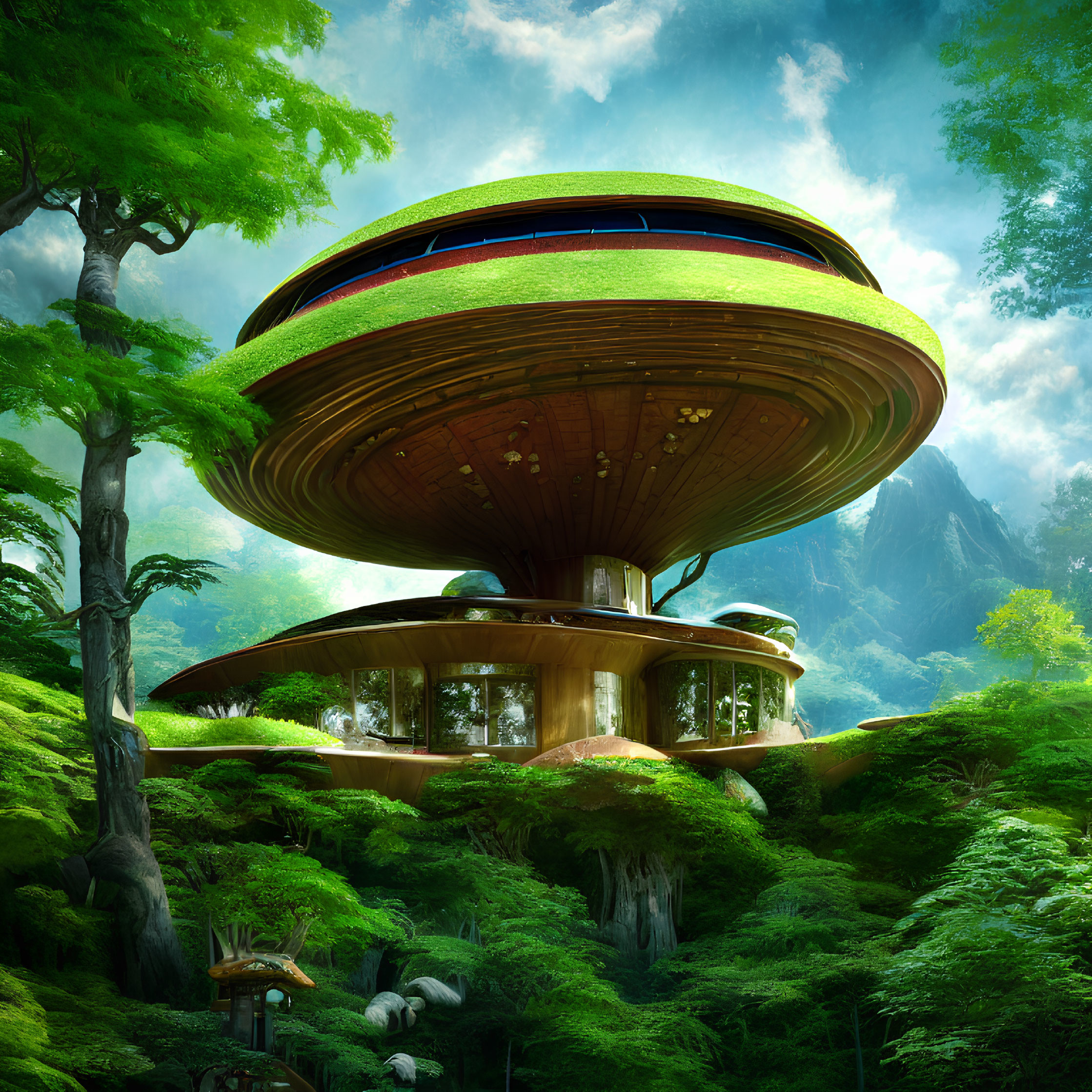 Saucer-like futuristic treehouse in lush forest