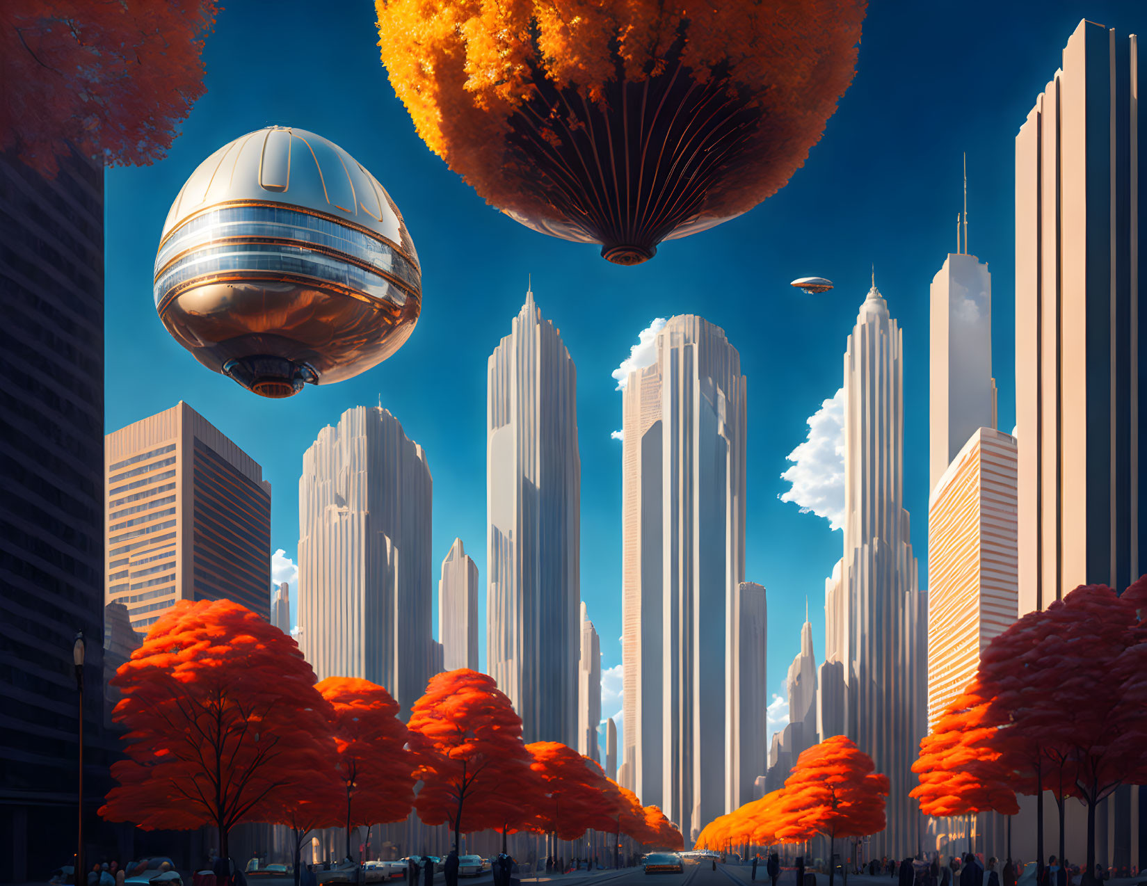 Vibrant futuristic cityscape with skyscrapers, orange trees, pedestrians, and flying vehicles