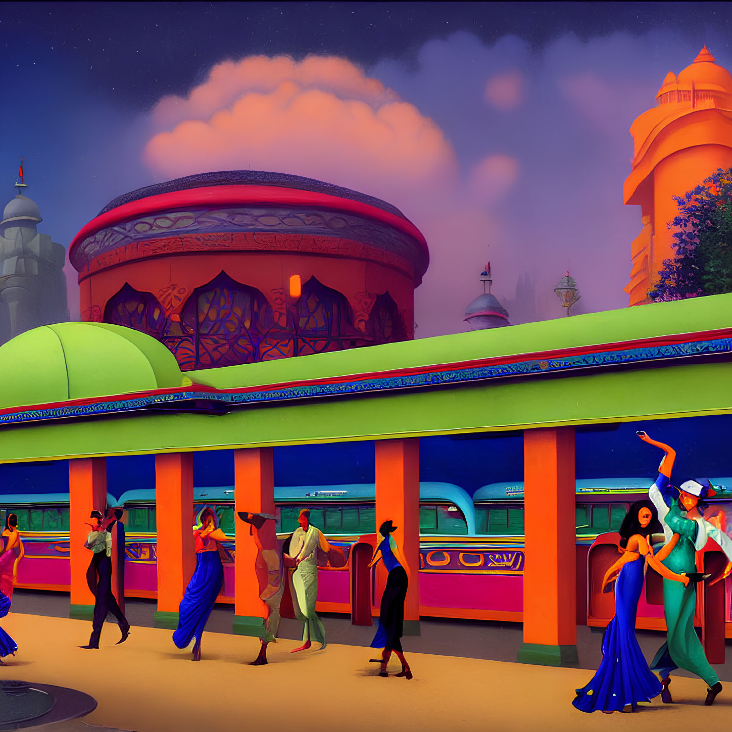 Colorful Indian attire dance illustration at train station with iconic architecture