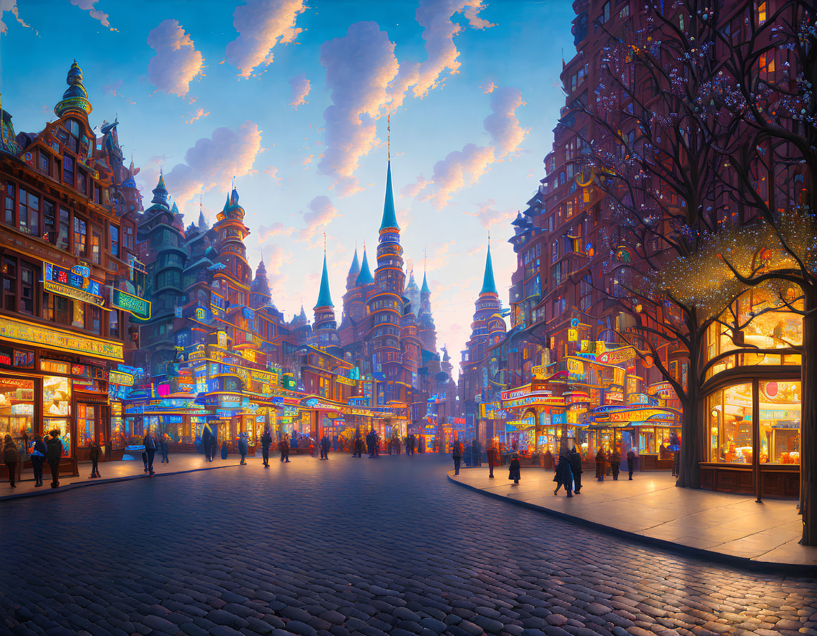 Colorful dusk cityscape with illuminated buildings and whimsical architecture.