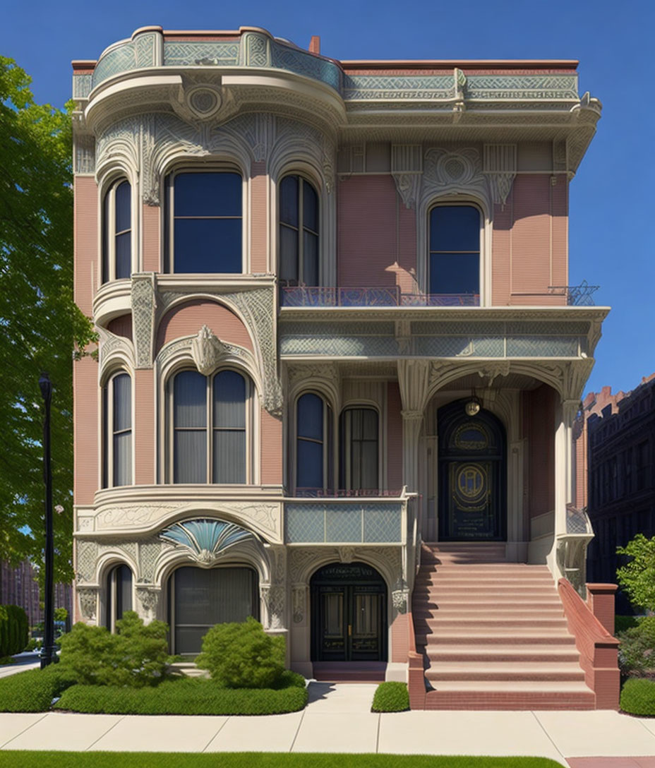 Victorian-style pink and cream house with ornate details and arched windows