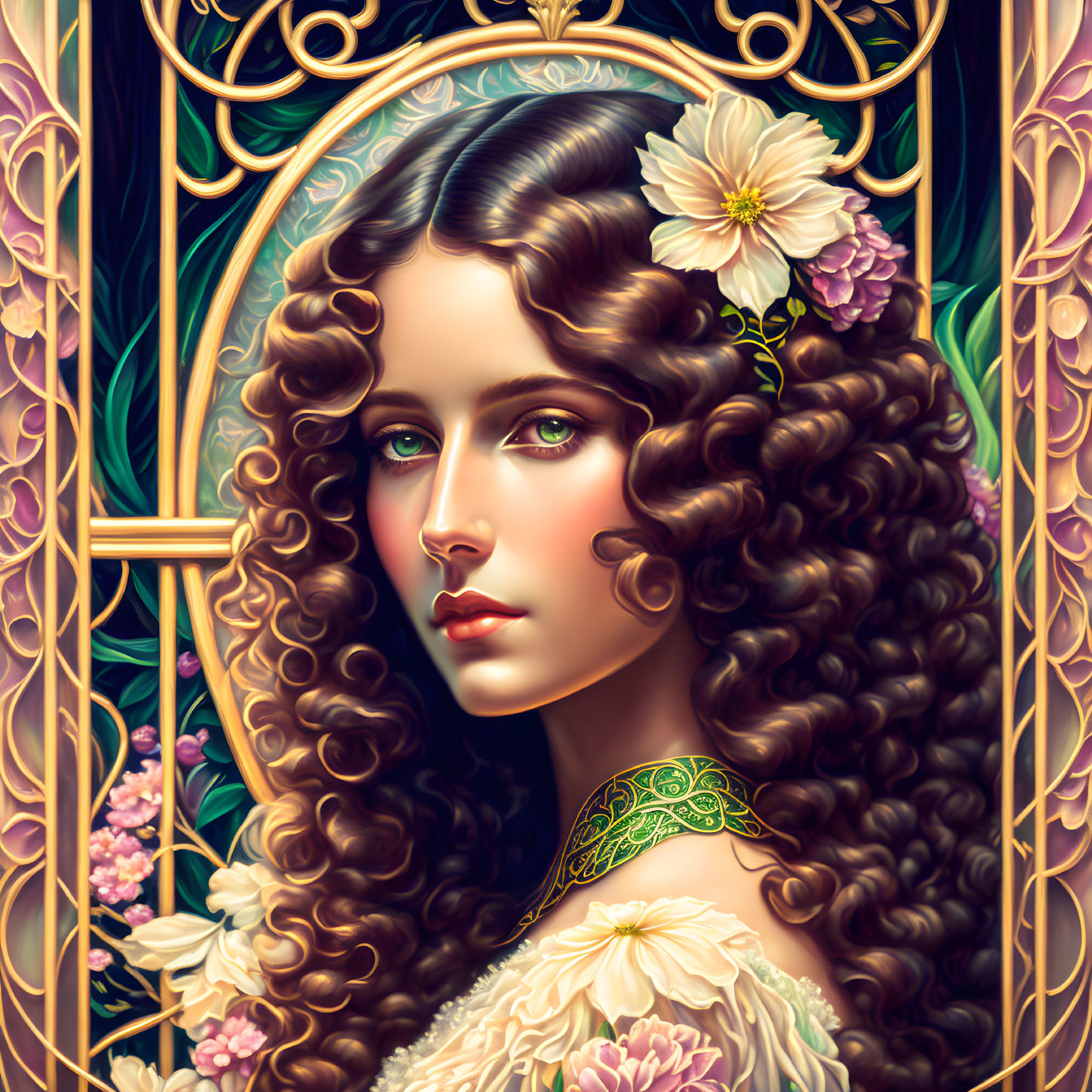 Art Nouveau Style Woman Illustration with Voluminous Curly Hair and Floral Adornments