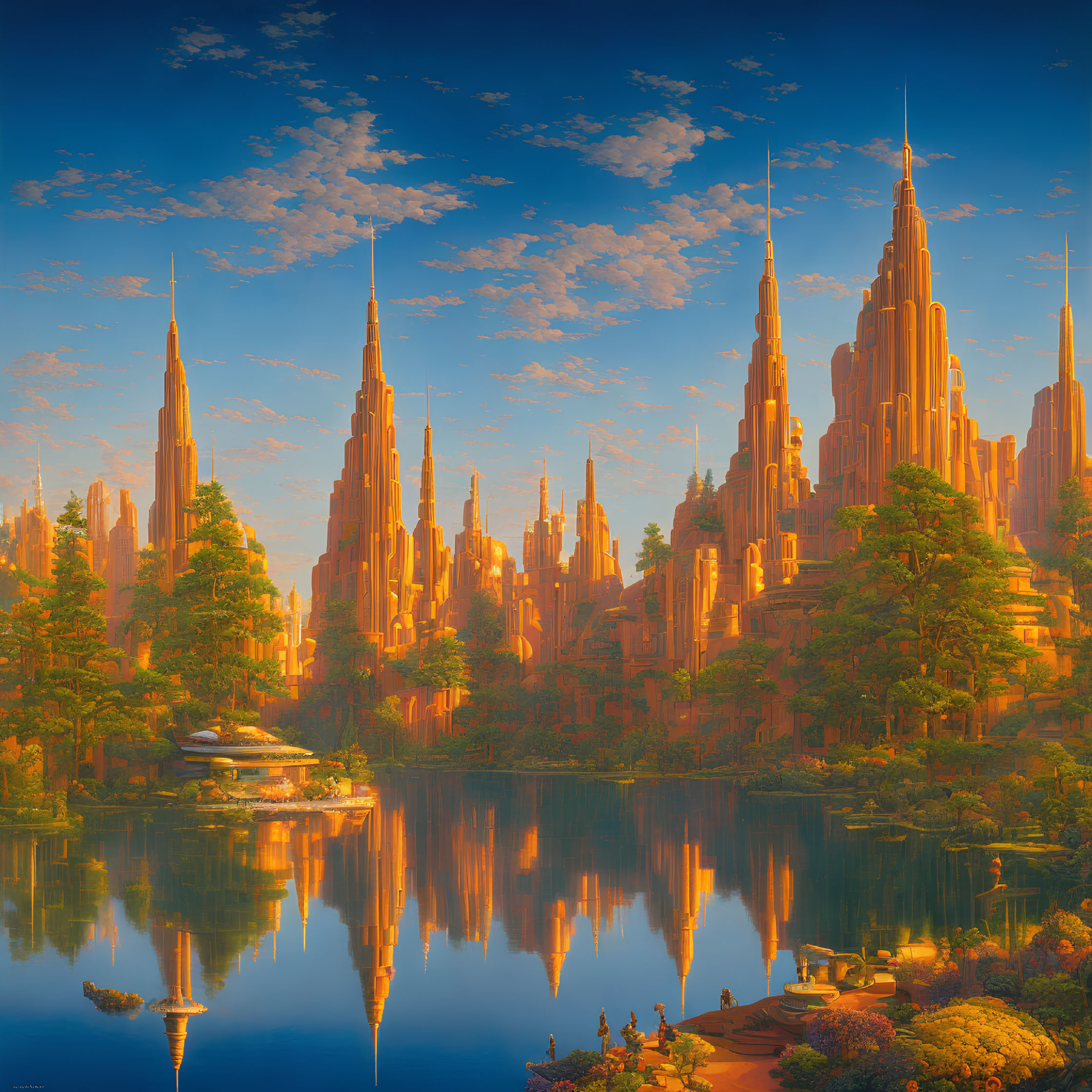 Fantastical cityscape with towering spires mirrored in tranquil lake