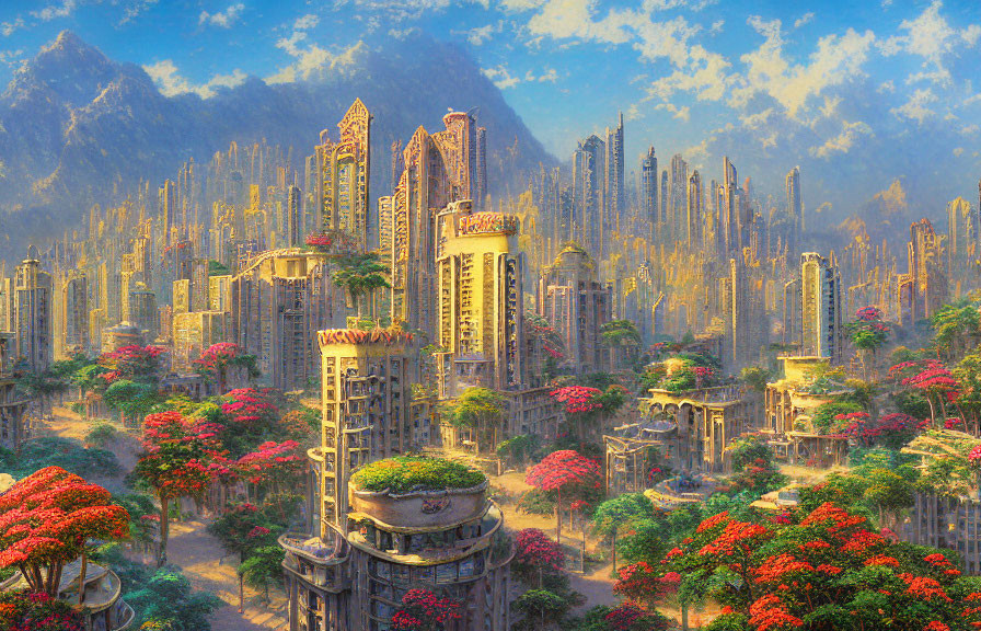 Detailed Fantasy Cityscape with Towering Structures in Lush Greenery