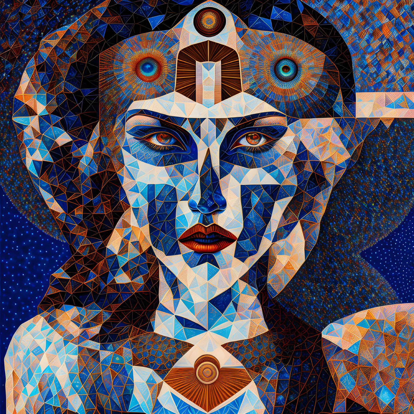 Geometric digital artwork: Woman's face with multiple eyes in blue and gold tones