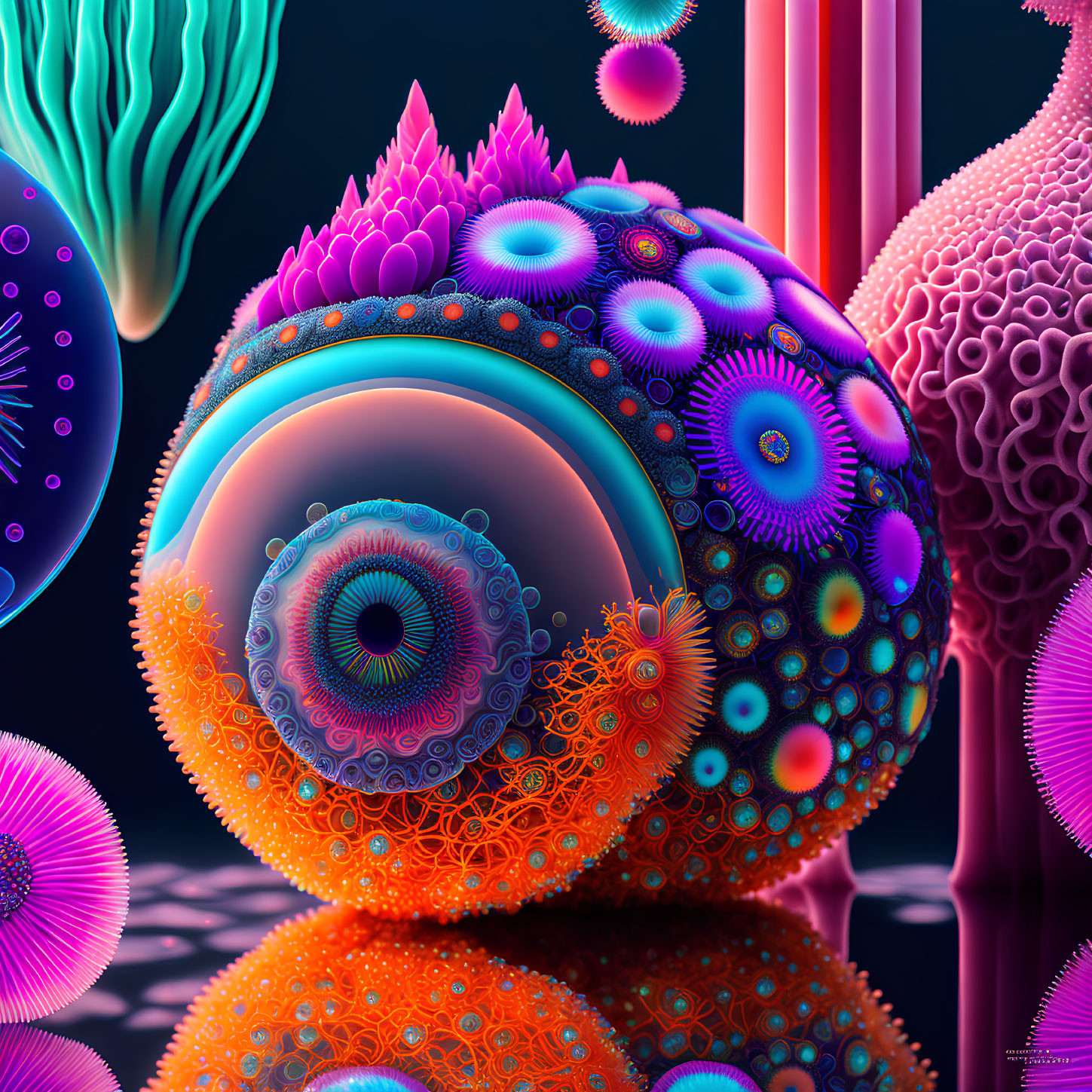 Colorful surreal artwork with central orb and neon organic shapes