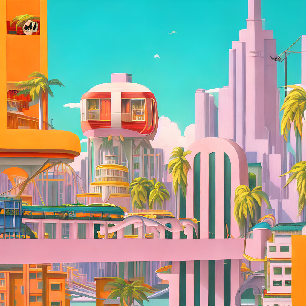 Colorful retro-futuristic cityscape with monorail and skyscrapers