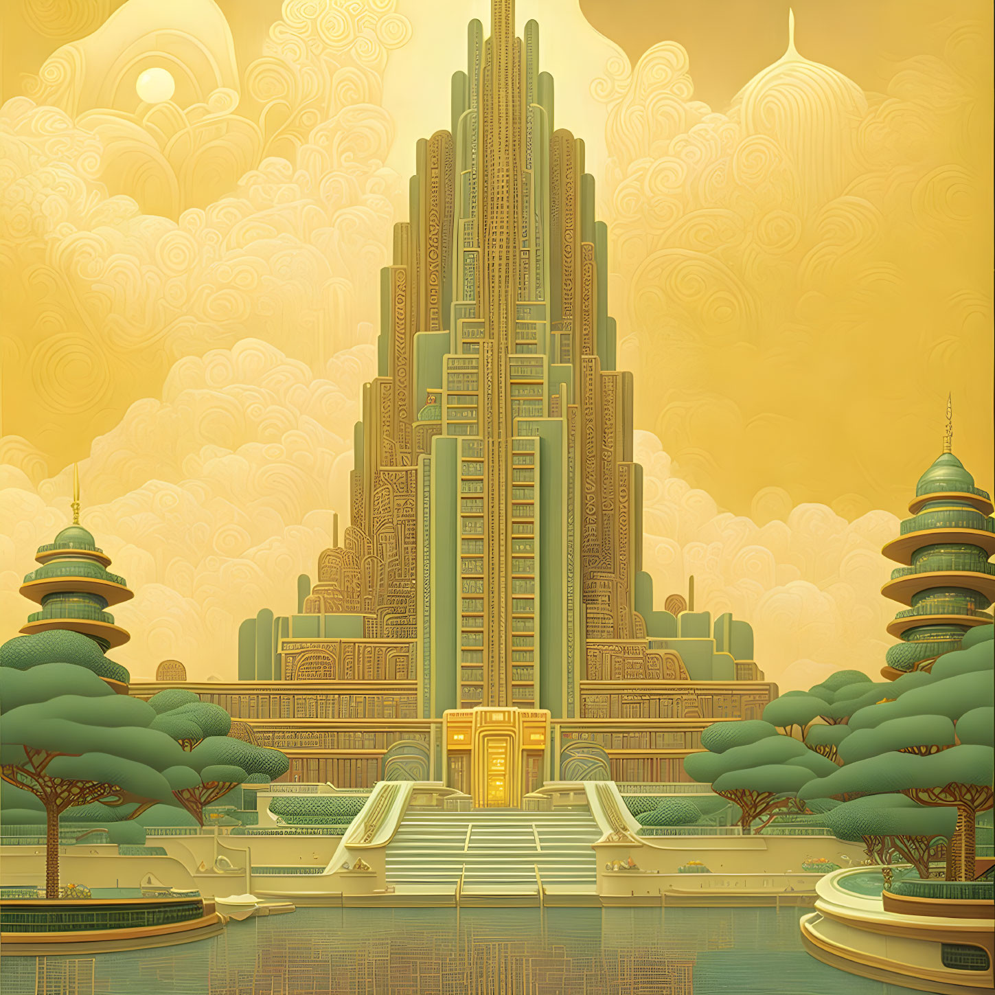 Detailed Art Deco Skyscraper Illustration in Warm Golden Tones