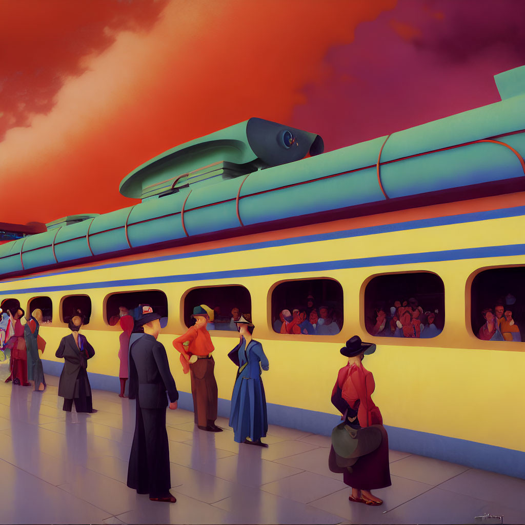 Vintage attire people at retro-futuristic train station with orange sky & streamline train.