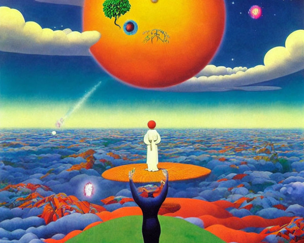 Vibrant surreal landscape with figures gazing at orange planet