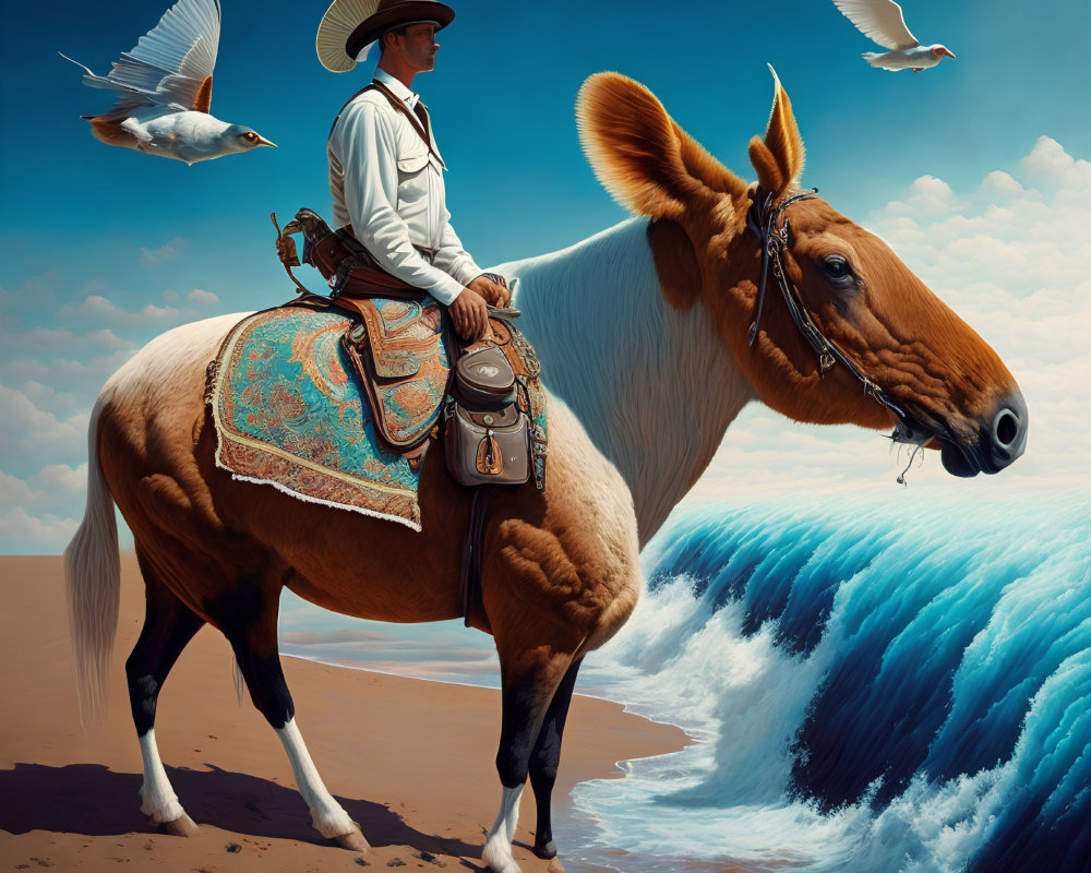 Cowboy hat woman on palomino horse at surreal beach with seagulls