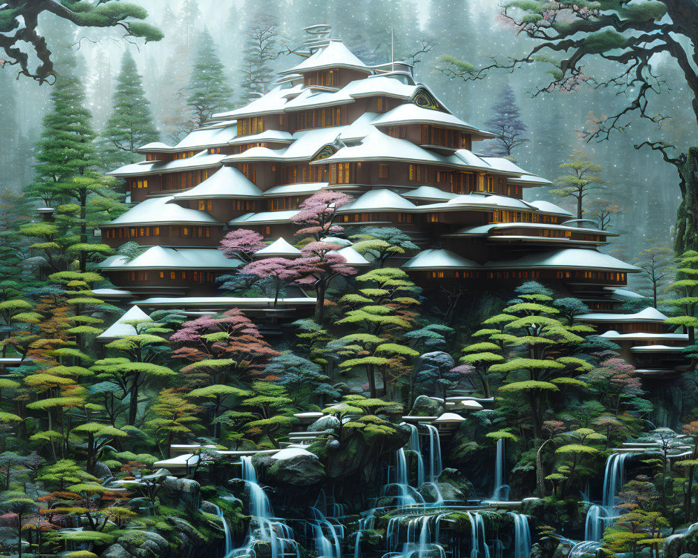 Pagoda-style Building in Forest with Waterfalls and Mist