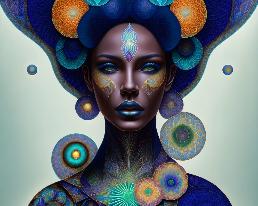 Blue-skinned woman with golden patterns in symmetrical floral designs