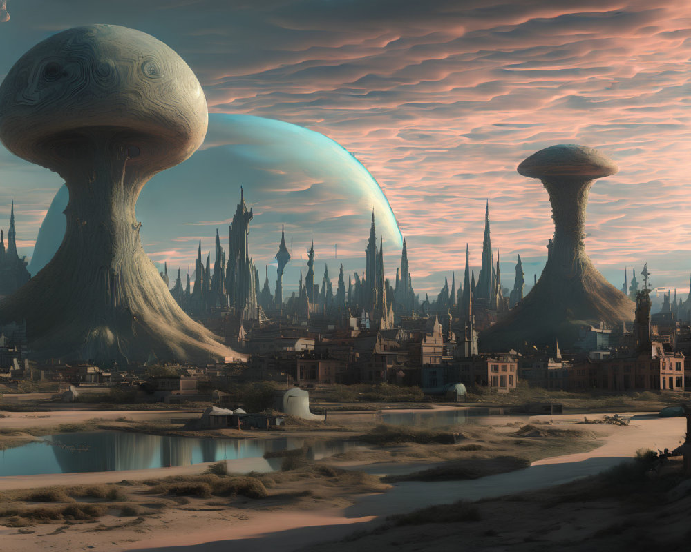 Futuristic cityscape with mushroom-like towers and pink sky.