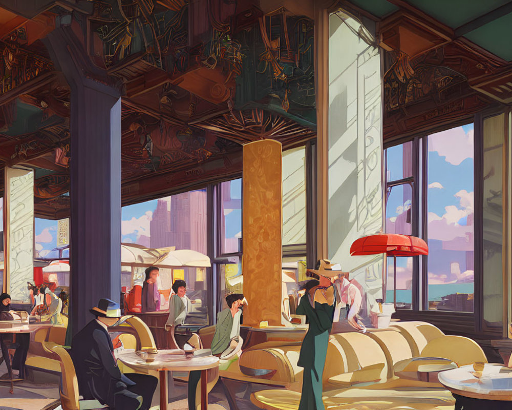 Vintage Café Interior with Cityscape Views and Intricate Ceiling Details