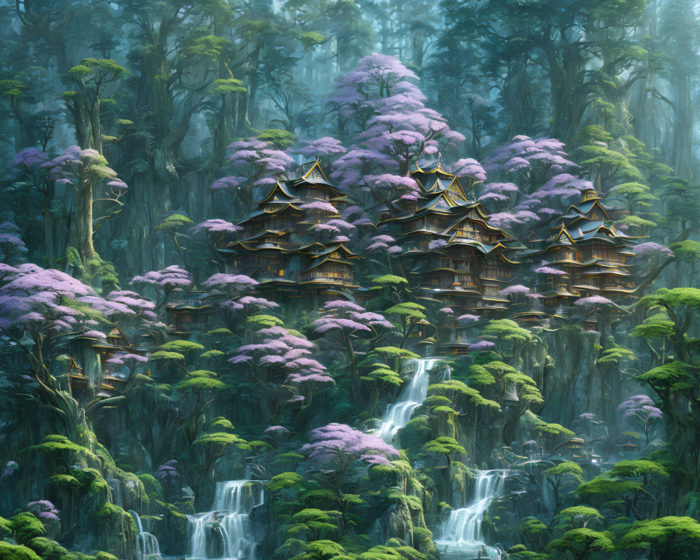 Traditional Asian architecture surrounded by purple foliage and waterfalls in a serene forest