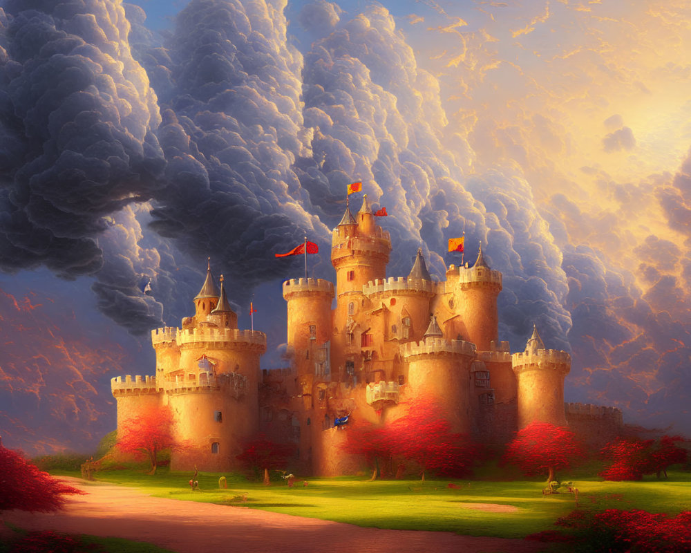 Majestic castle with turrets and red flags in scenic landscape