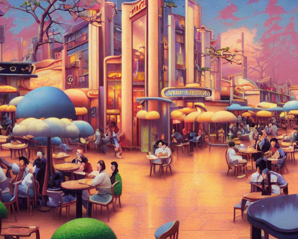 Colorful urban street scene with outdoor cafes and neon signs