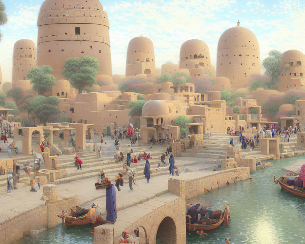 Ancient cityscape with round buildings, traditional attire, bridges, and boats