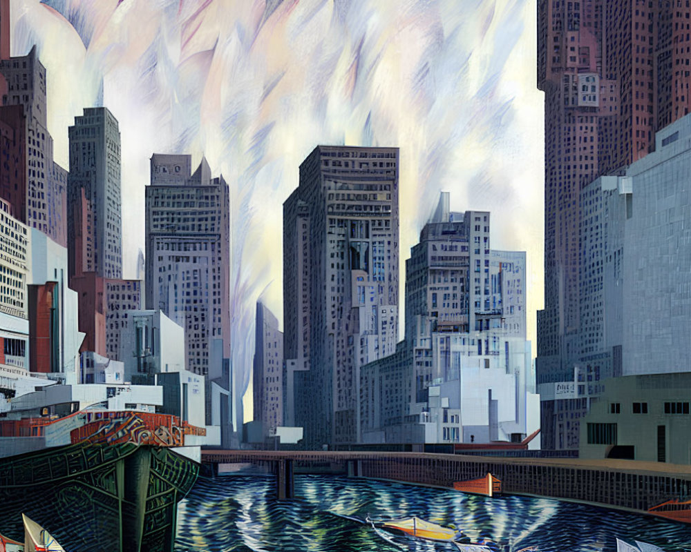 Cityscape with skyscrapers, bridge, boats, and dynamic sky.