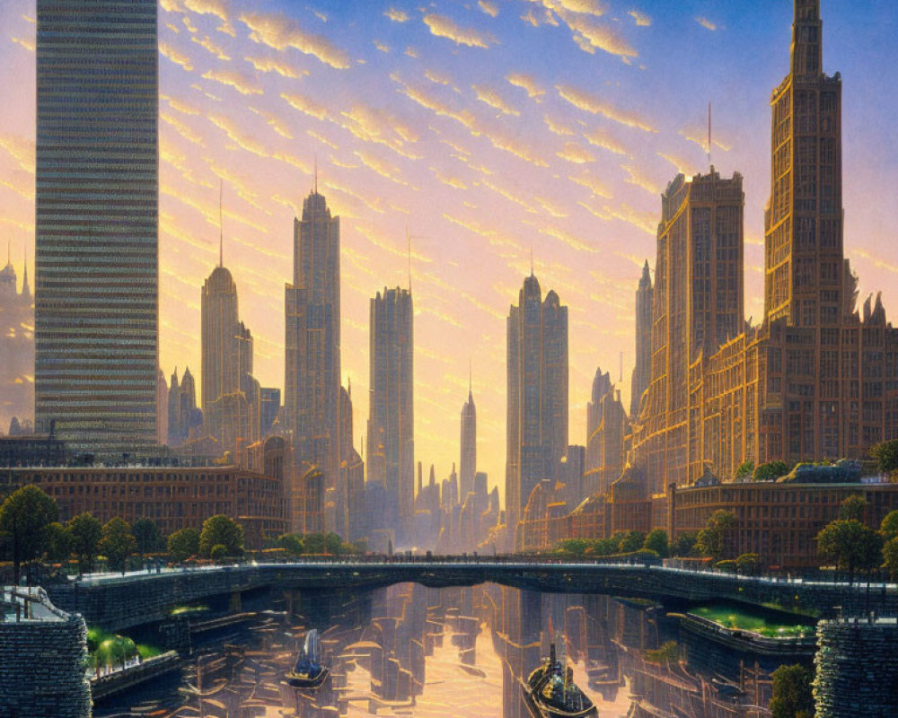 Tranquil cityscape at sunset with golden sky, reflecting skyscrapers, and gentle river boats