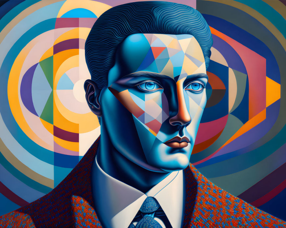 Colorful Cubist Art Deco Portrait of Man with Intense Gaze