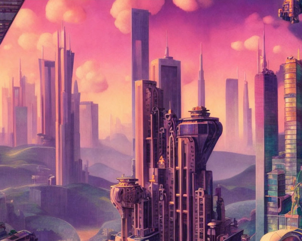 Twilight futuristic cityscape with towering skyscrapers