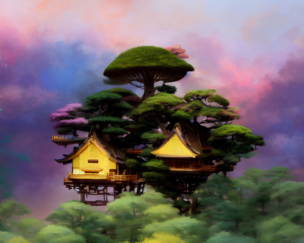 Fantastical image of Japanese house in oversized bonsai tree forest