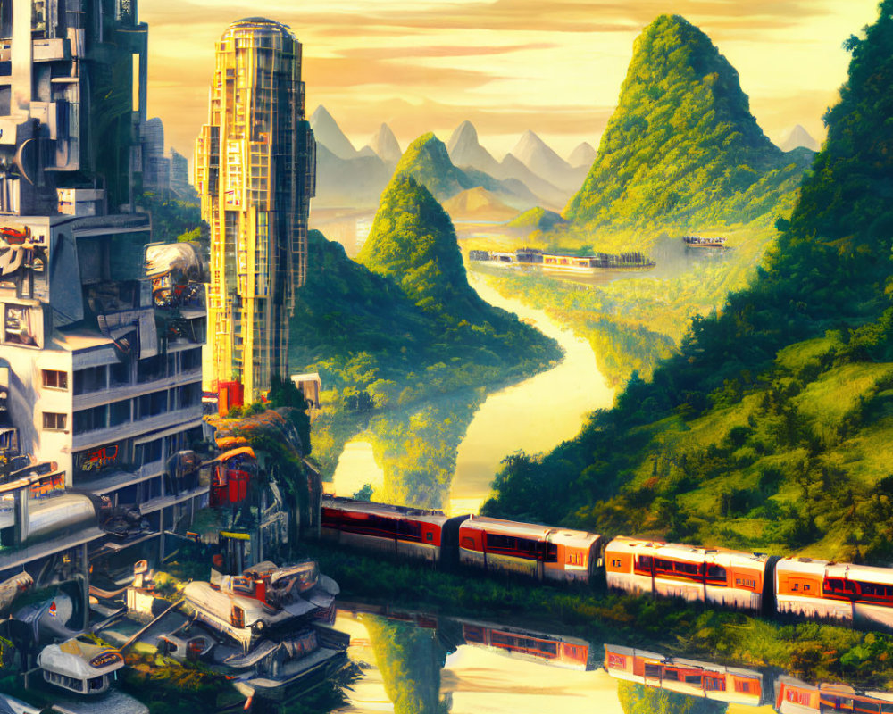 Futuristic train in lush landscape with towering buildings and traditional houses