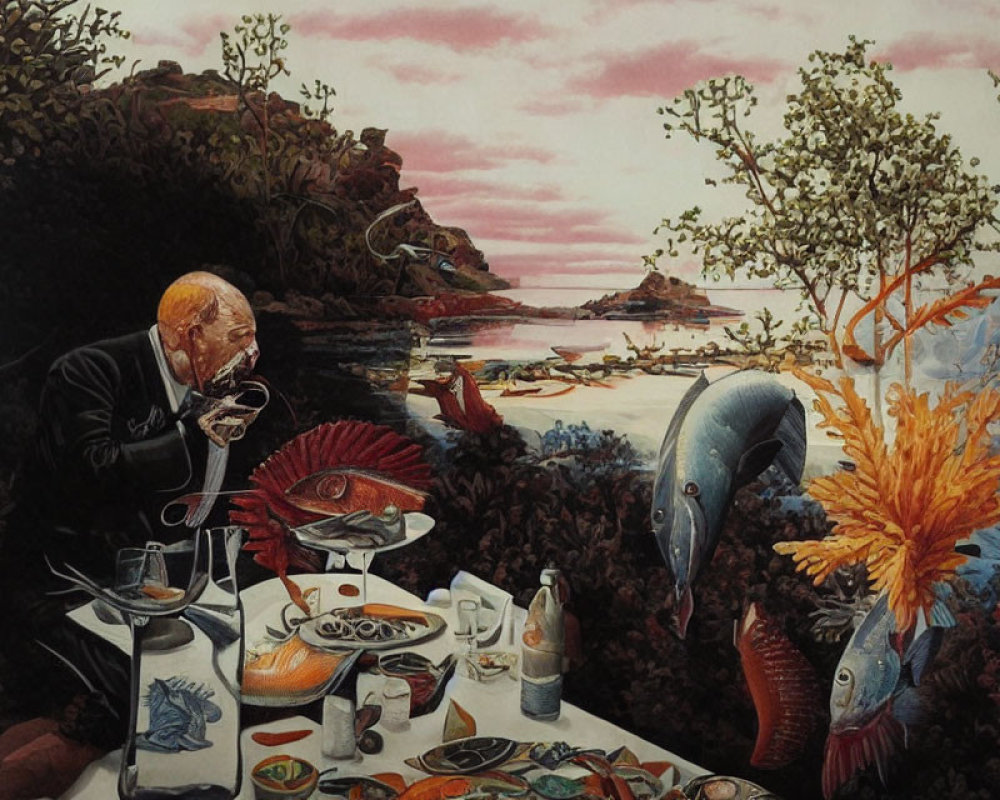 Elderly man dining by the sea with two human-like fish conversing