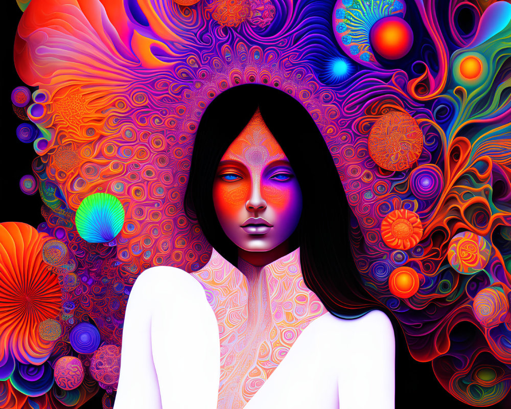 Colorful digital artwork: Dark-skinned female in white top amidst psychedelic patterns