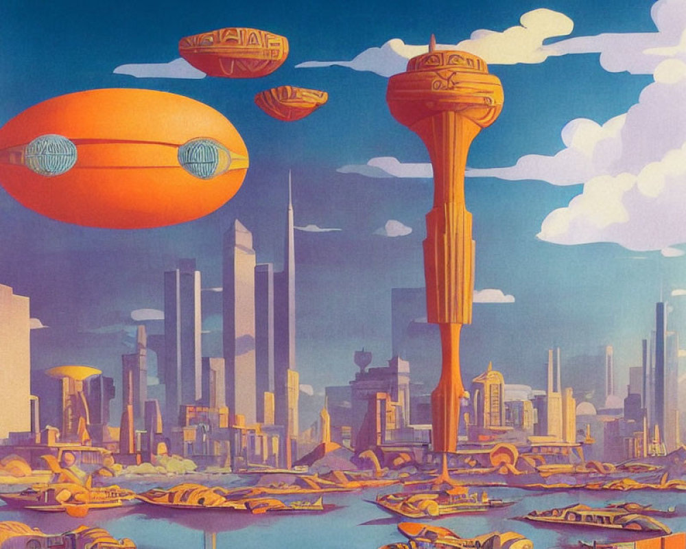 Futuristic cityscape with floating transportation pods and vibrant colors