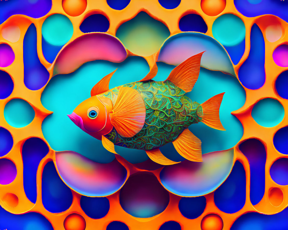 Colorful Stylized Fish Artwork with Abstract Circular Backdrop