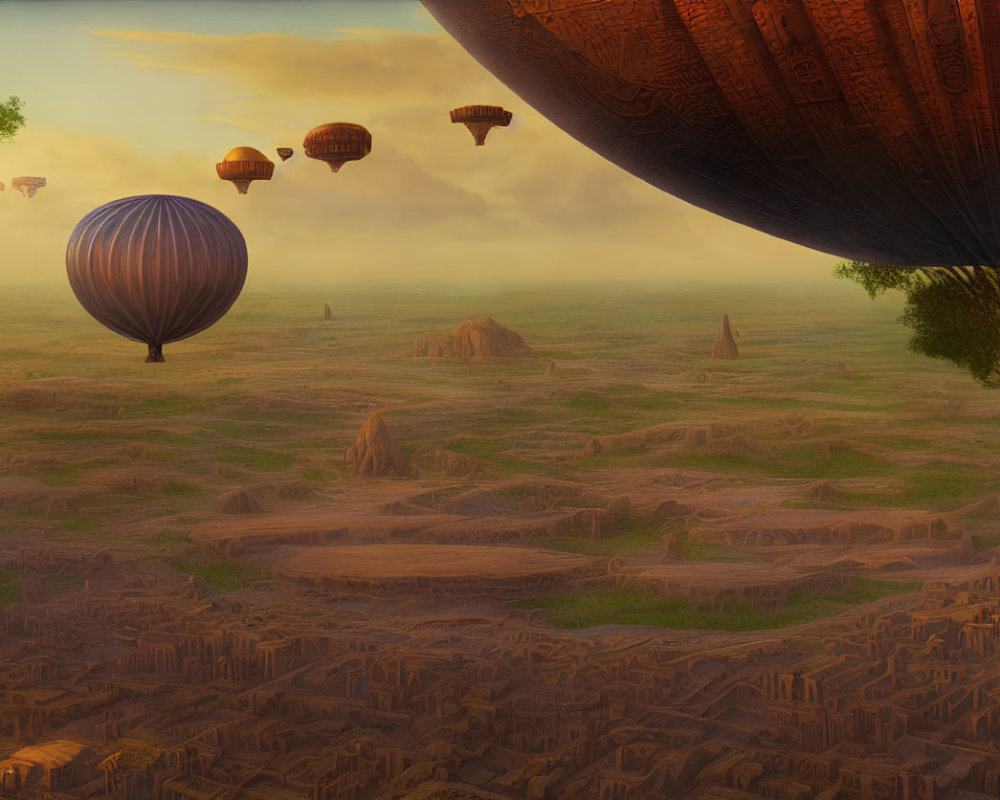 Fantasy landscape with hot air balloons over desert city at sunset