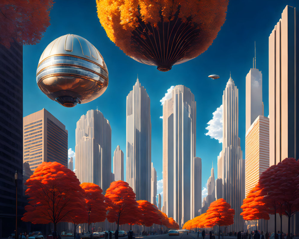 Vibrant futuristic cityscape with skyscrapers, orange trees, pedestrians, and flying vehicles