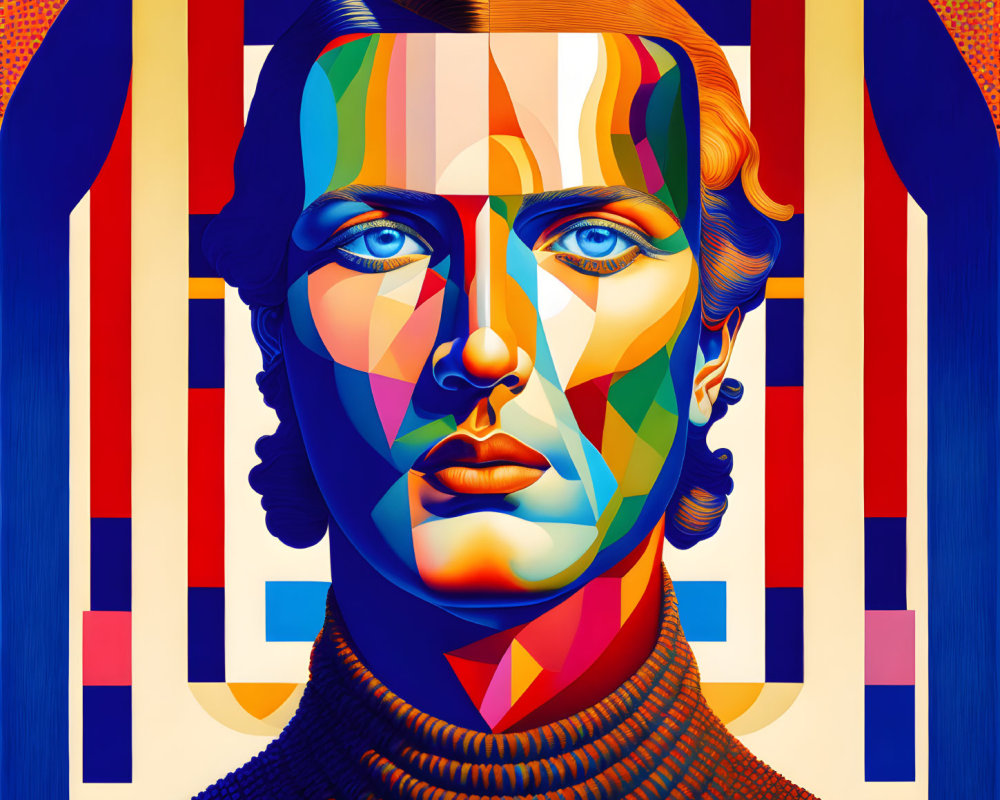 Colorful Geometric Portrait Featuring Blue-Eyed Person on Patterned Background