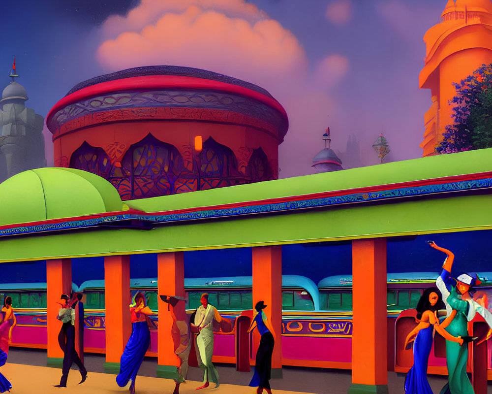 Colorful Indian attire dance illustration at train station with iconic architecture