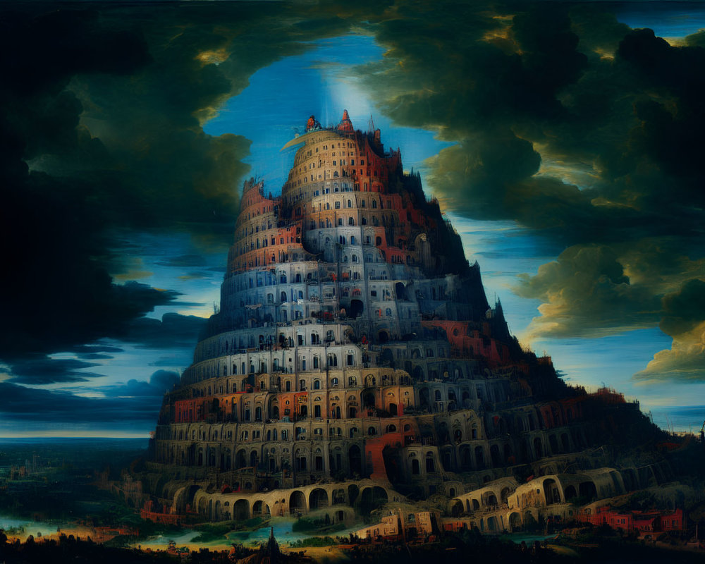 Detailed Painting: Tower of Babel against Dramatic Sky