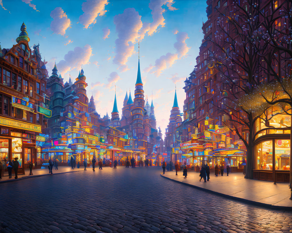 Colorful dusk cityscape with illuminated buildings and whimsical architecture.