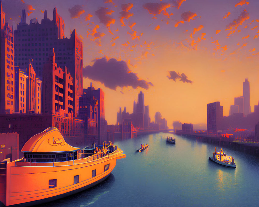 Cityscape illustration: serene dusk scene with glowing sky, skyscrapers, and river reflections