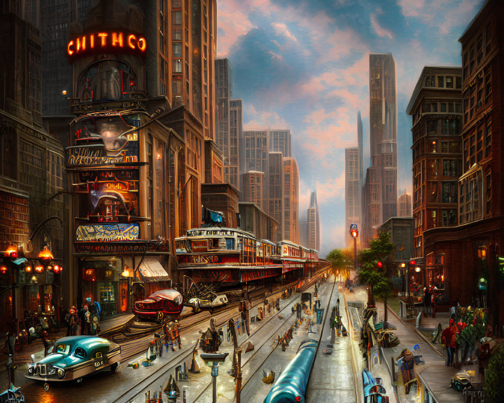 Colorful retro-futuristic cityscape with tram, classic cars, skyscrapers, and neon