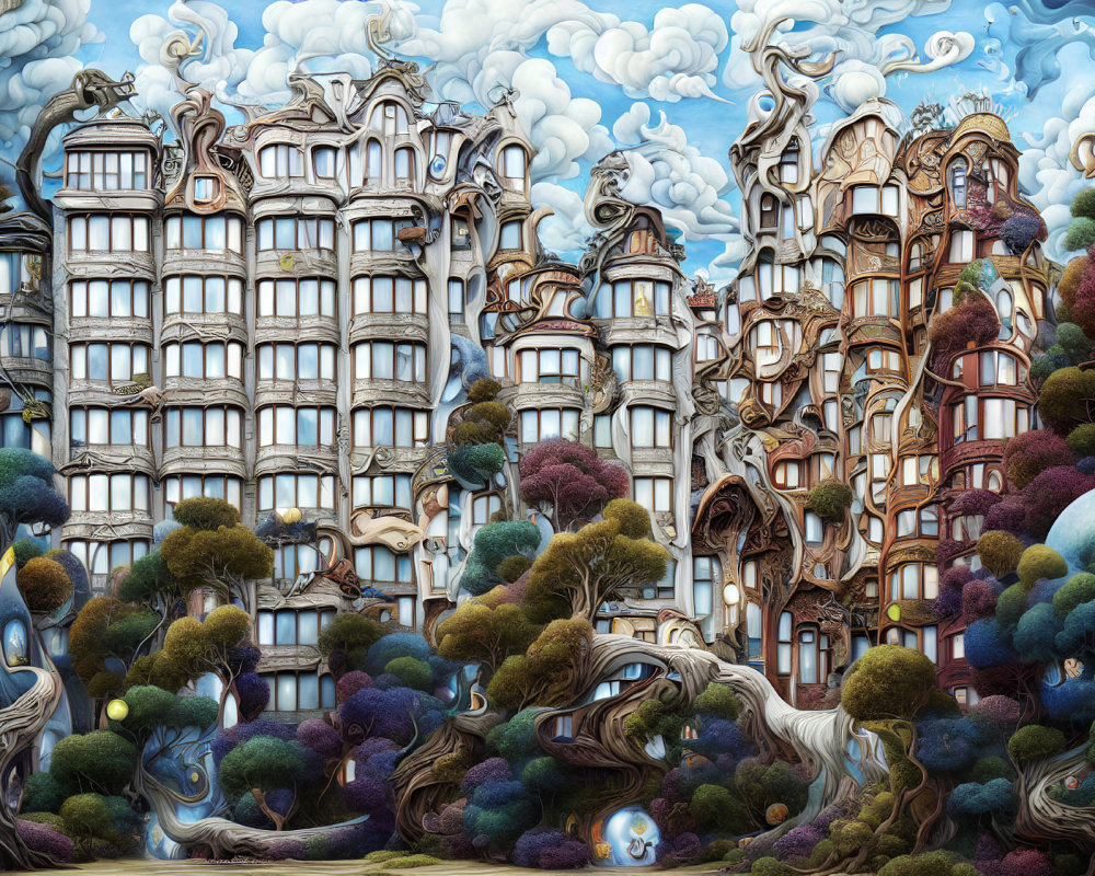 Intricate surreal illustration of organic buildings merging with trees under a whimsical blue sky