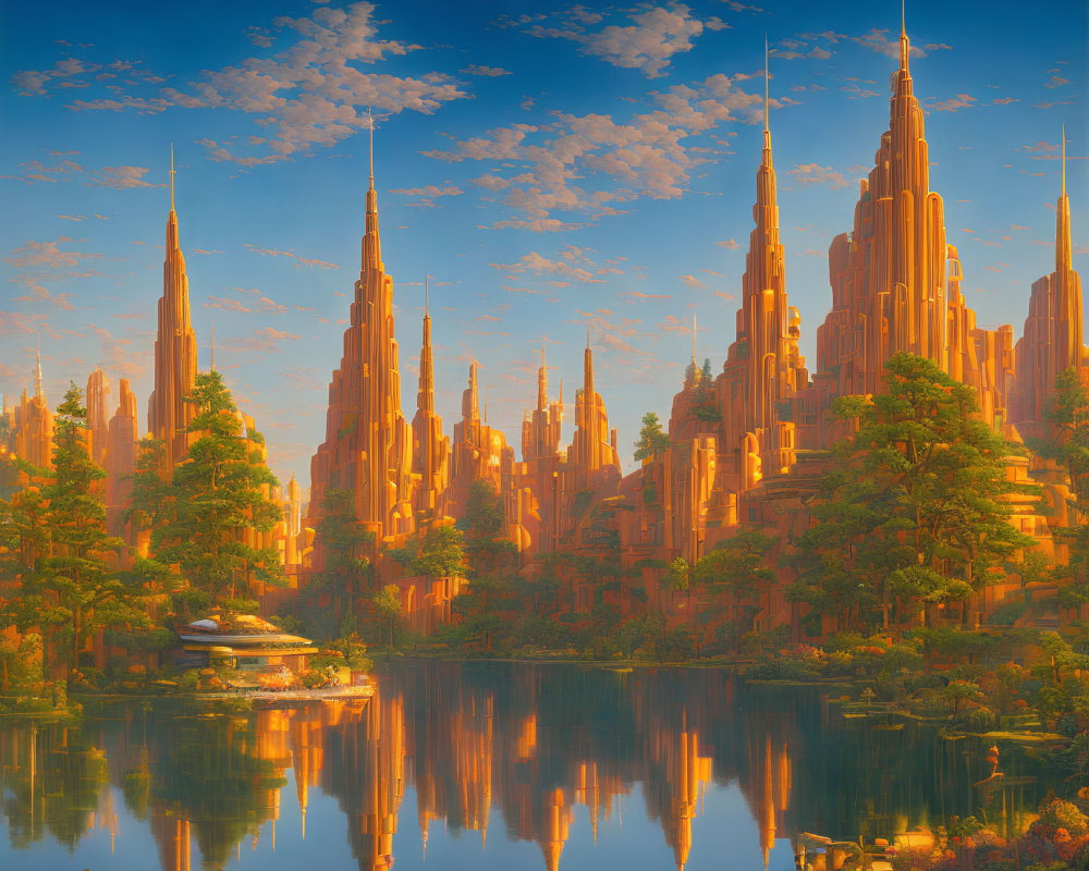 Fantastical cityscape with towering spires mirrored in tranquil lake