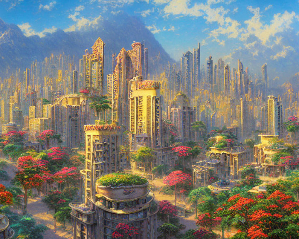 Detailed Fantasy Cityscape with Towering Structures in Lush Greenery